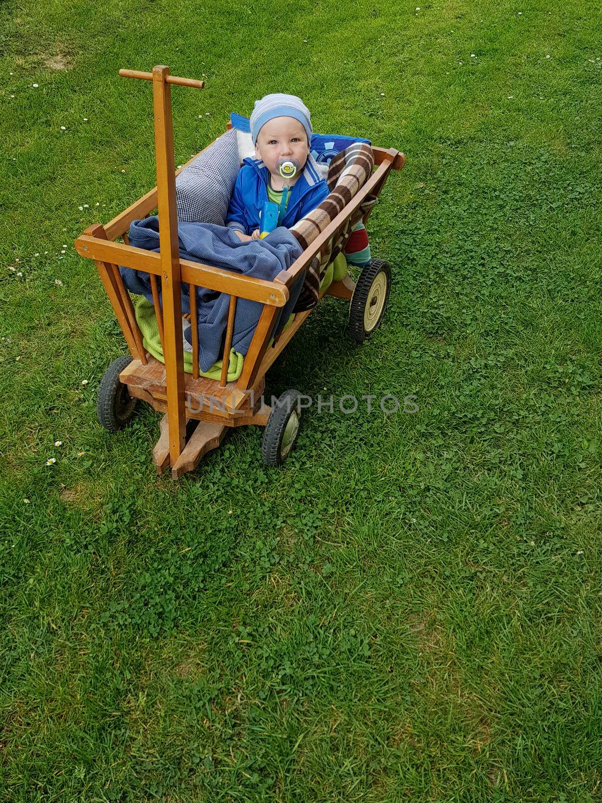 Small child sitting in a wooden wagon by zebra