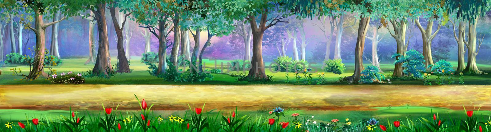 Pathway on a public park on a sunny summer day. Digital Painting Background, Illustration.