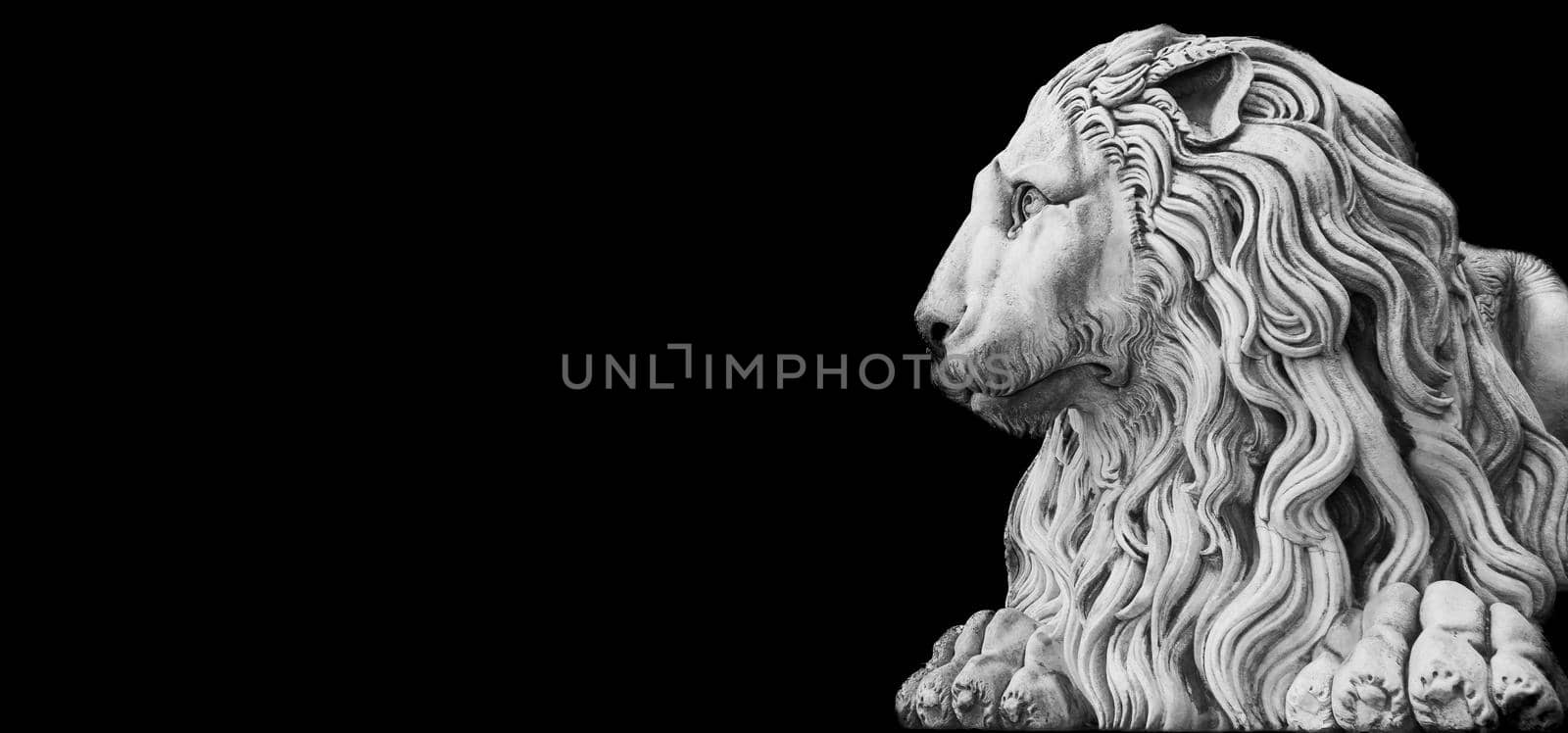 Antique lion statue , made of stone, with copy space. Concept security, safety, guard