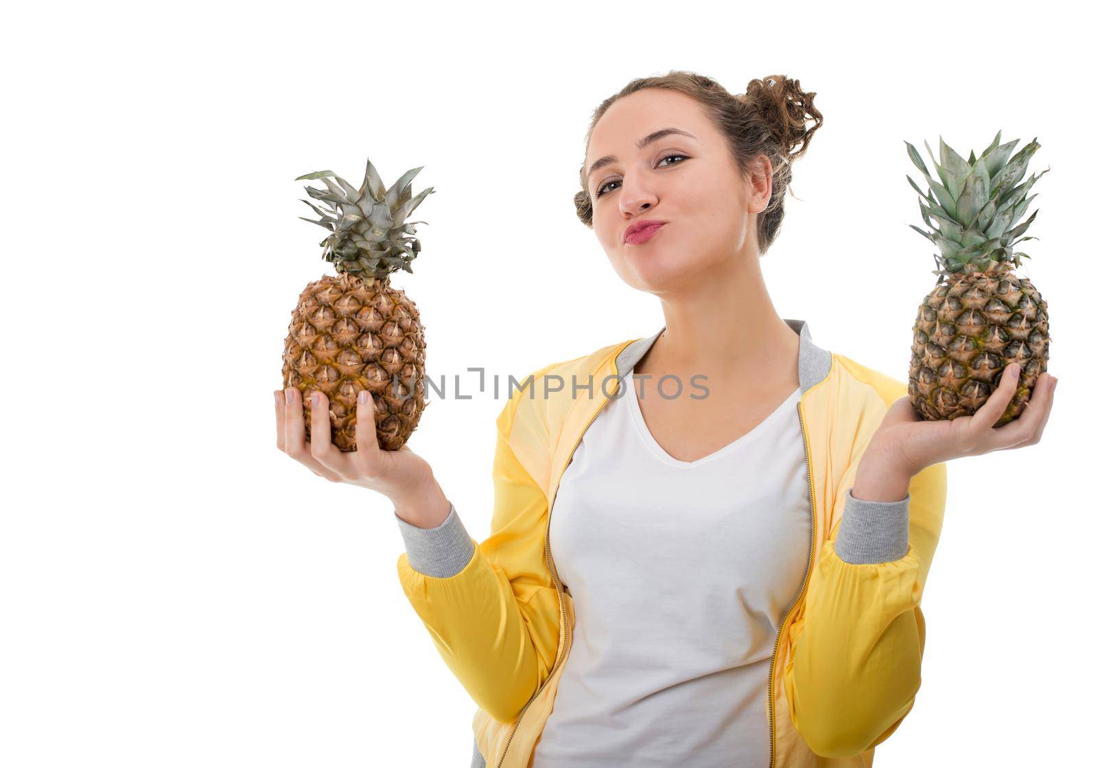 beautiful young woman with pineapple, isolated on white by aprilphoto