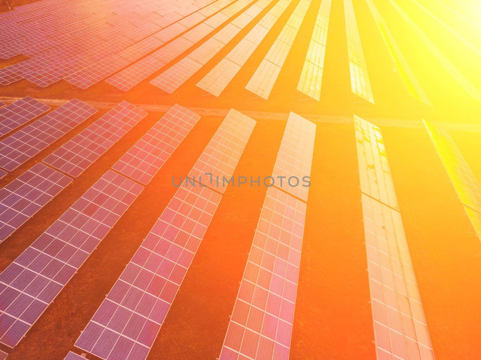 Aerial top view of a solar panels power plant. Photovoltaic solar panels at sunrise and sunset in countryside from above. Modern technology, climate care, earth saving, renewable energy concept