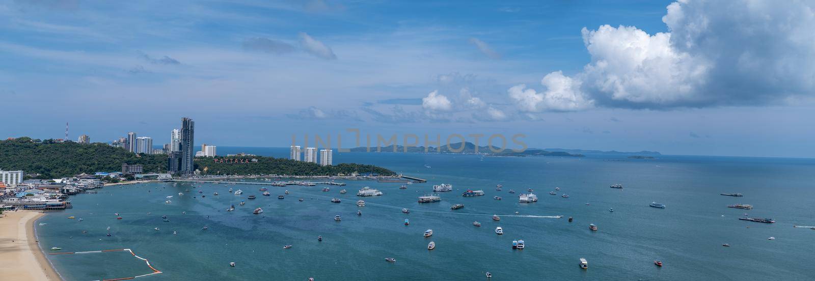Aerial view of Pattaya city alphabet on the mountain, Pattaya, panoramic view over the skyline of Pattaya city Thailand Asia citiyscape