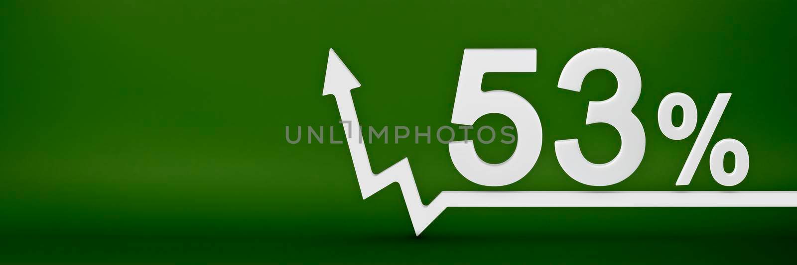 53 percent. The arrow on the graph points up. Rising prices, inflation, increase in income, increase in interest rates, taxes. 3d banner, fifty three percent sign discount on a green background. by SERSOL