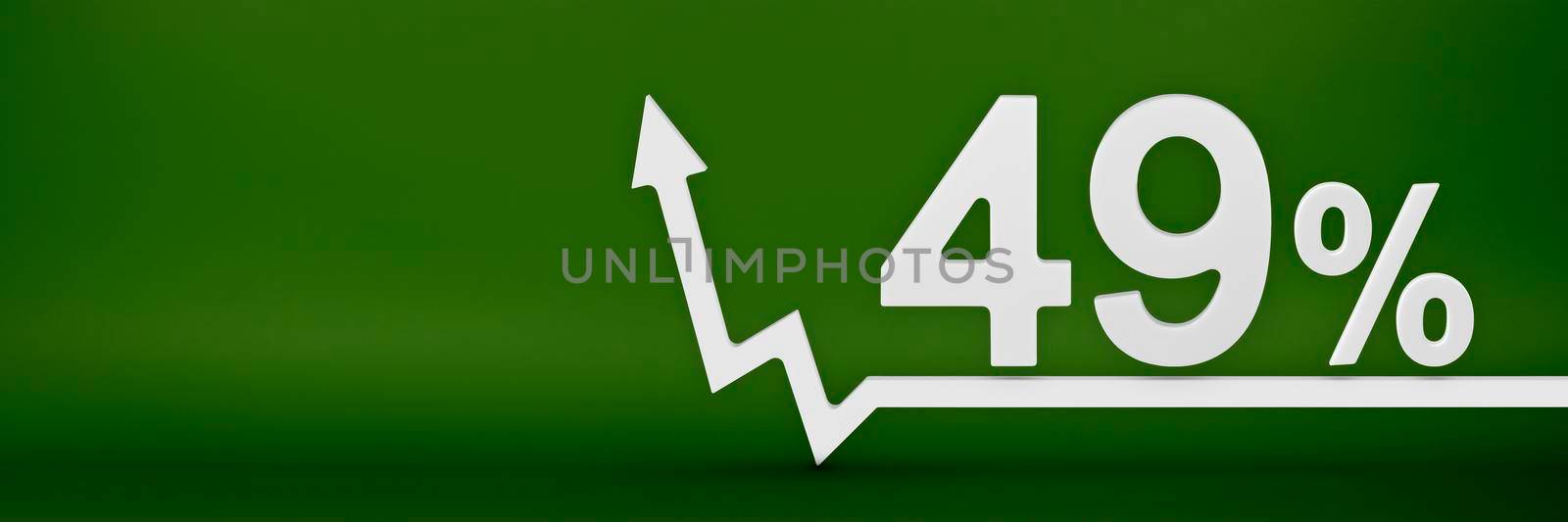 49 percent. The arrow on the graph points up. Rising prices, inflation, increase in income, increase in interest rates, taxes. 3d banner, forty nine percent sign discount on a green background