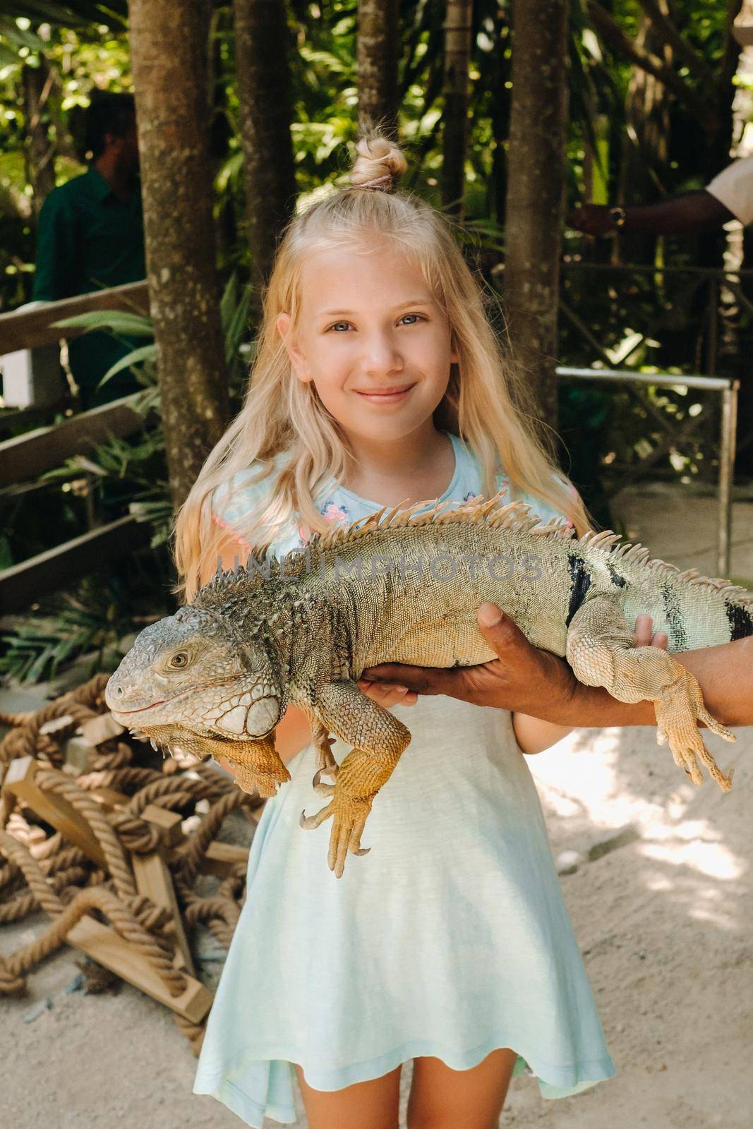 Summer portrait of a happy little girl in a zoo on the island of Mauritius with an iguana.little girl in the zoo with a crocodile in her arms by Lobachad