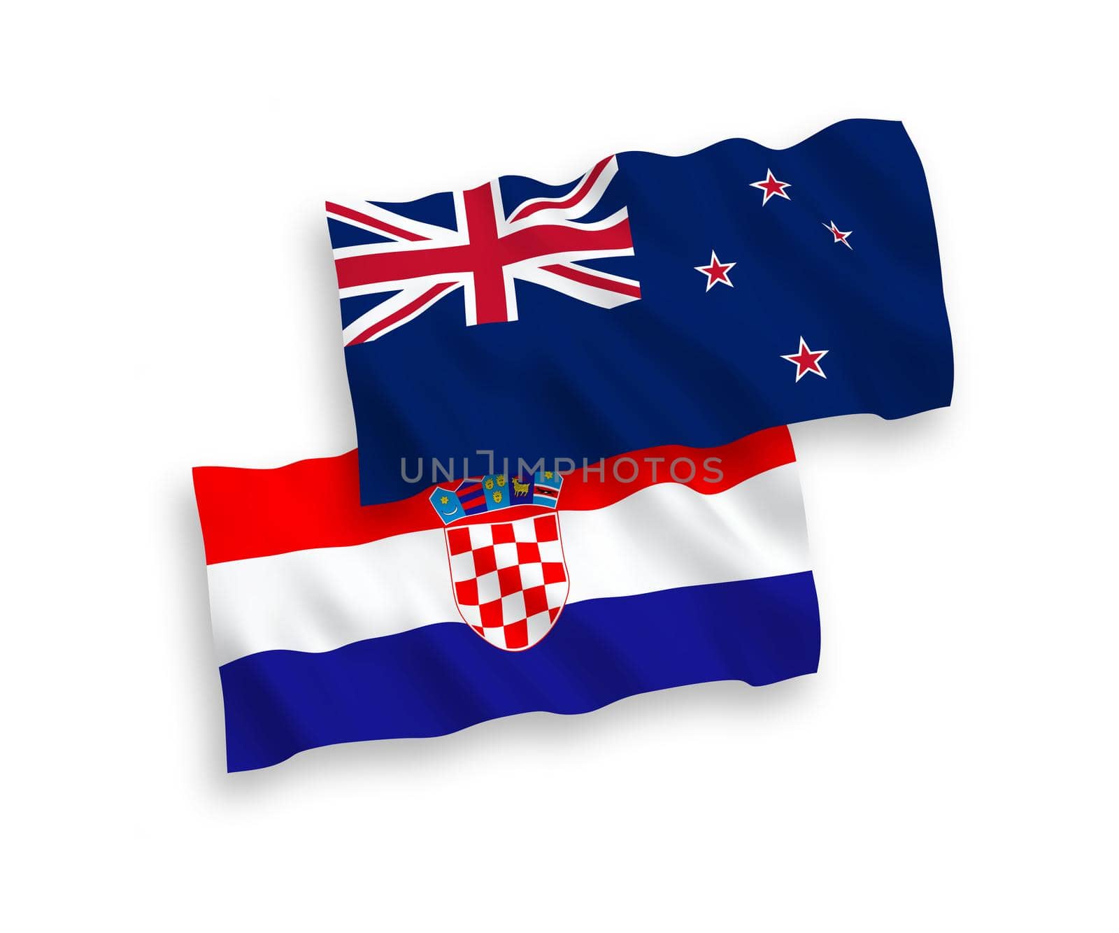 National fabric wave flags of New Zealand and Croatia isolated on white background. 1 to 2 proportion.