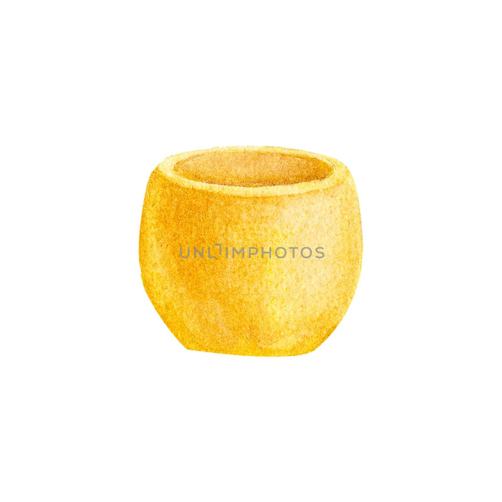 Flower pot on a white background. Watercolor illustration. The pot is yellow. Garden Item. Decorative pot perfect for print, poster, card making and scrapbooking design.