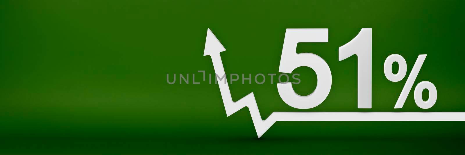 51 percent. The arrow on the graph points up. Rising prices, inflation, increase in income, increase in interest rates, taxes. 3d banner, fifty one percent sign discount on a green background