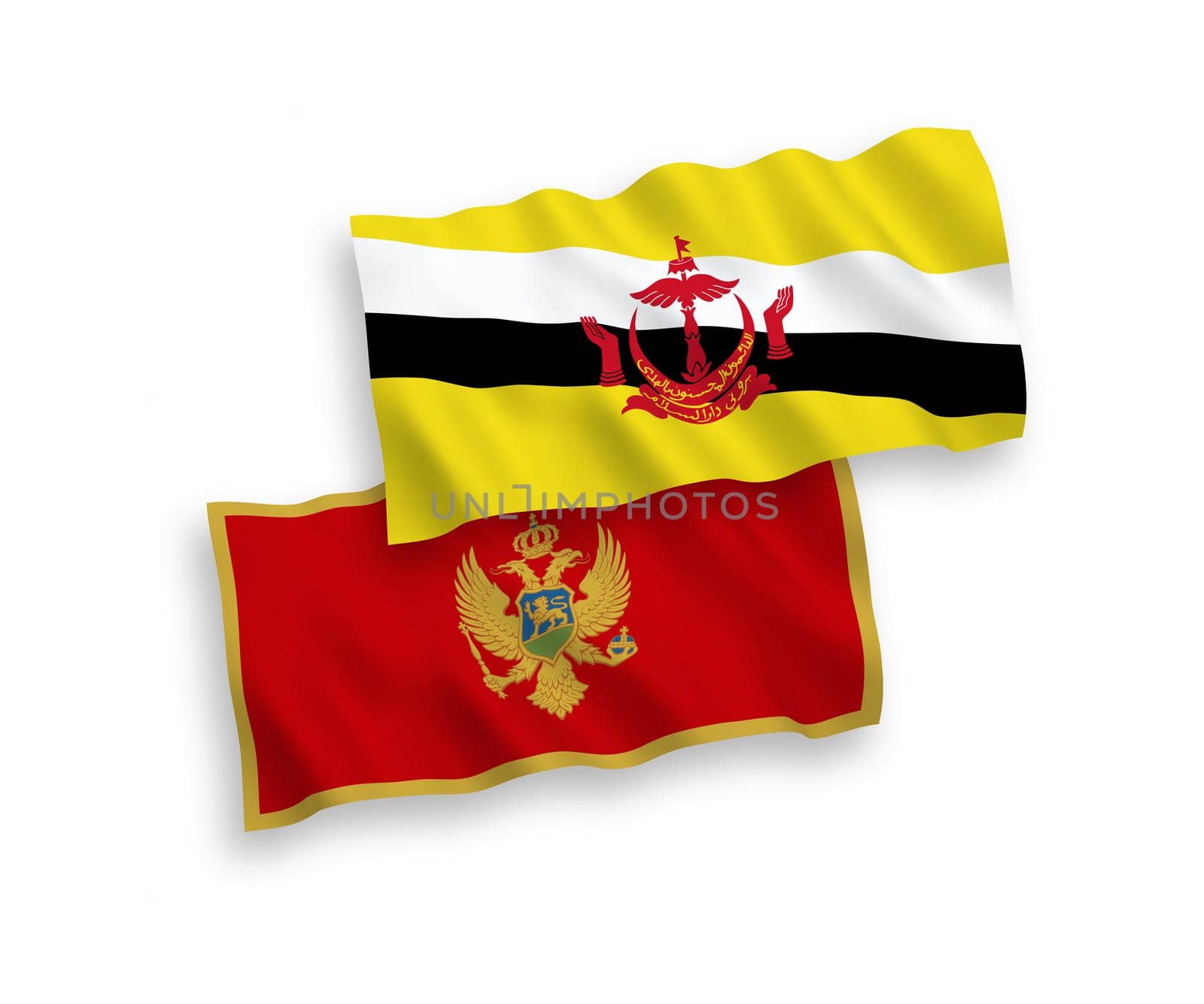 National fabric wave flags of Montenegro and Brunei isolated on white background. 1 to 2 proportion.