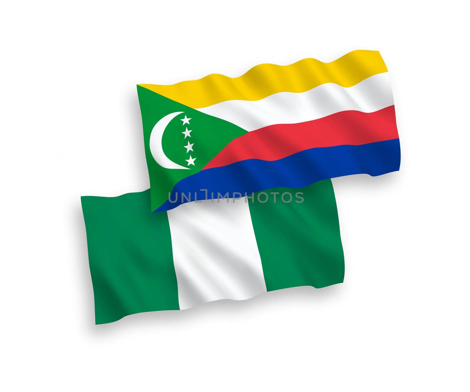 National fabric wave flags of Union of the Comoros and Nigeria isolated on white background. 1 to 2 proportion.
