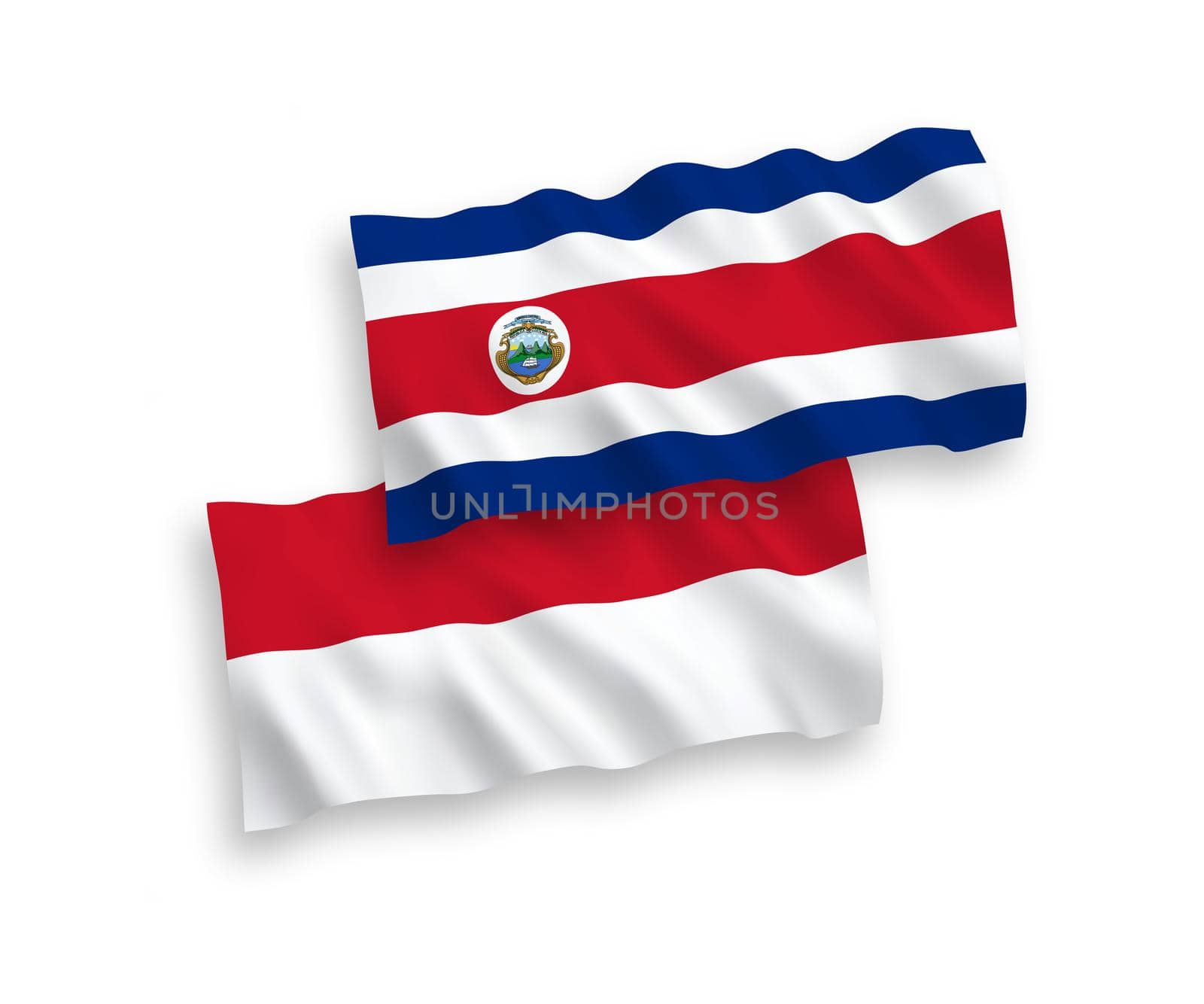 National fabric wave flags of Indonesia and Republic of Costa Rica isolated on white background. 1 to 2 proportion.