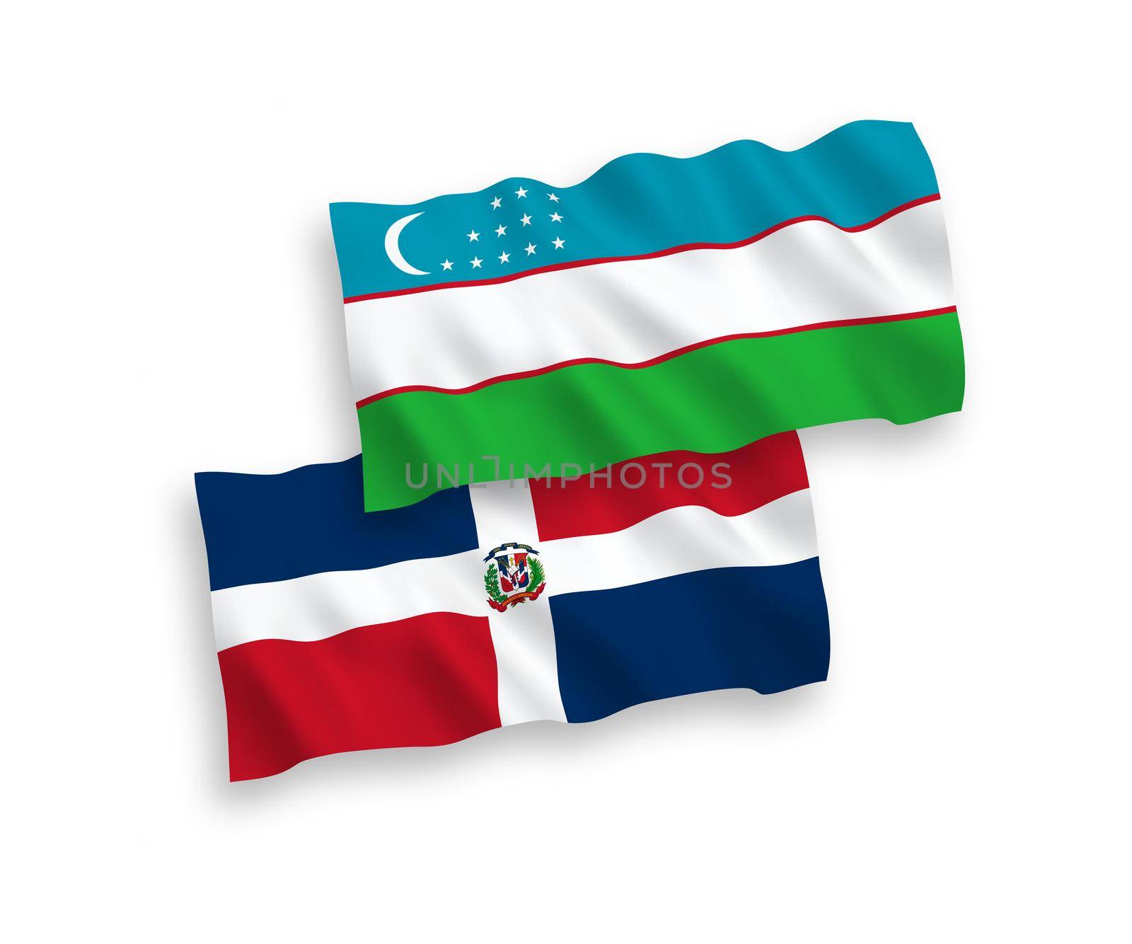 National fabric wave flags of Dominican Republic and Uzbekistan isolated on white background. 1 to 2 proportion.