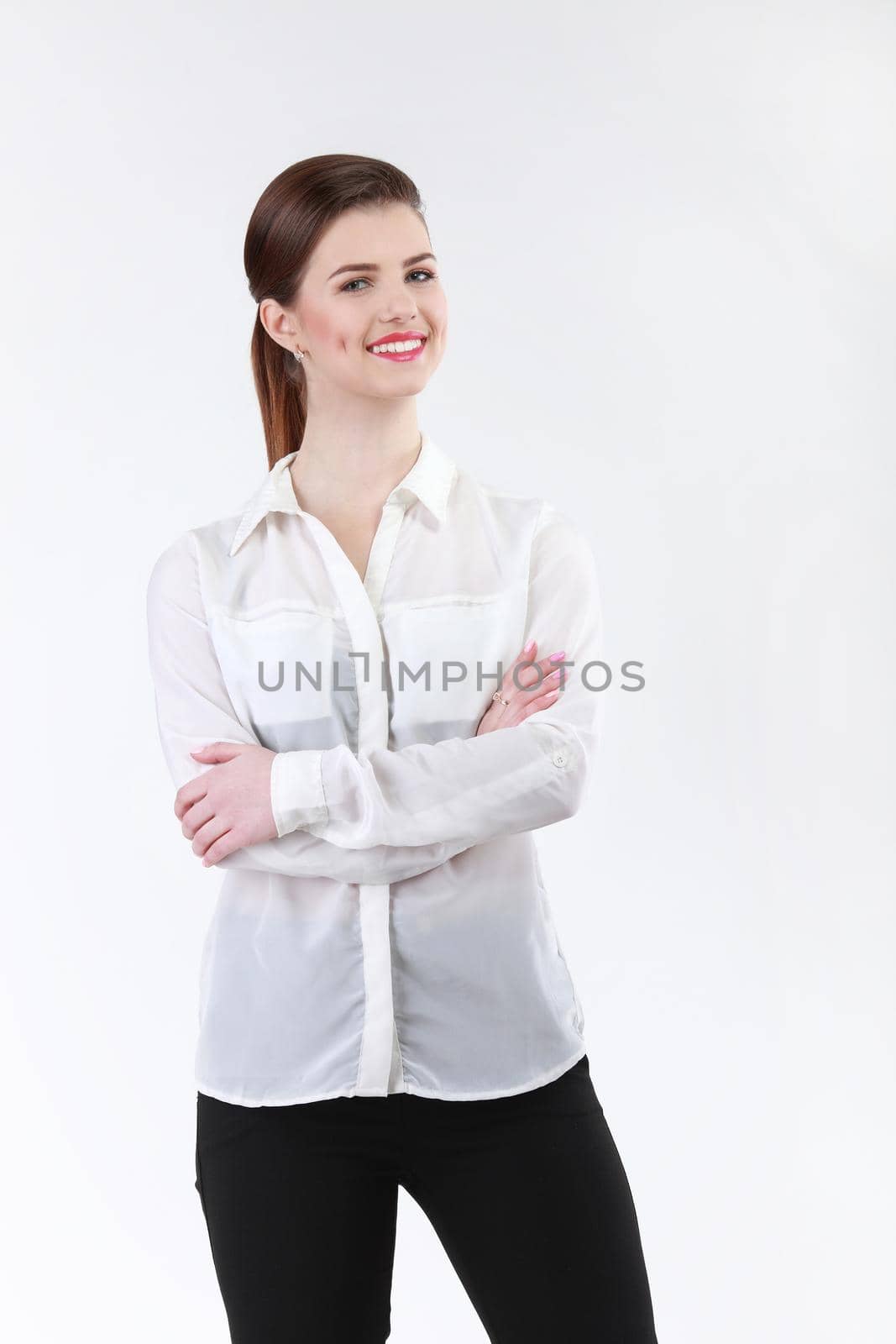 Portrait of smiling business woman, isolated on white background