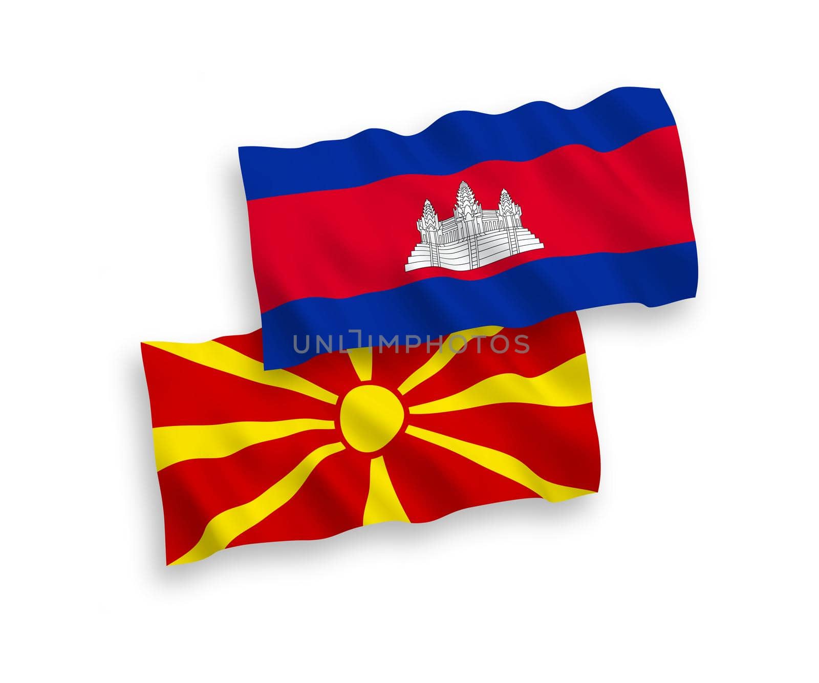 National fabric wave flags of Kingdom of Cambodia and North Macedonia isolated on white background. 1 to 2 proportion.