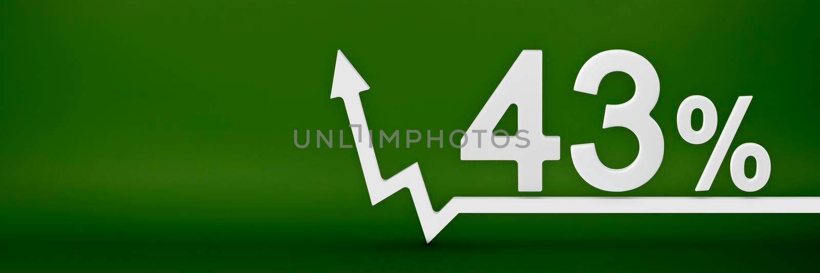 43 percent. The arrow on the graph points up. Rising prices, inflation, increase in income, increase in interest rates, taxes. 3d banner, forty three percent sign discount on a green background