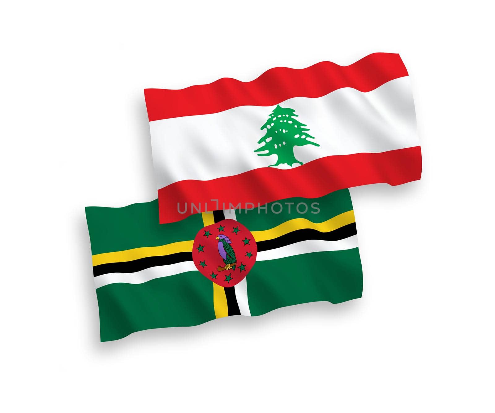 National fabric wave flags of Dominica and Lebanon isolated on white background. 1 to 2 proportion.
