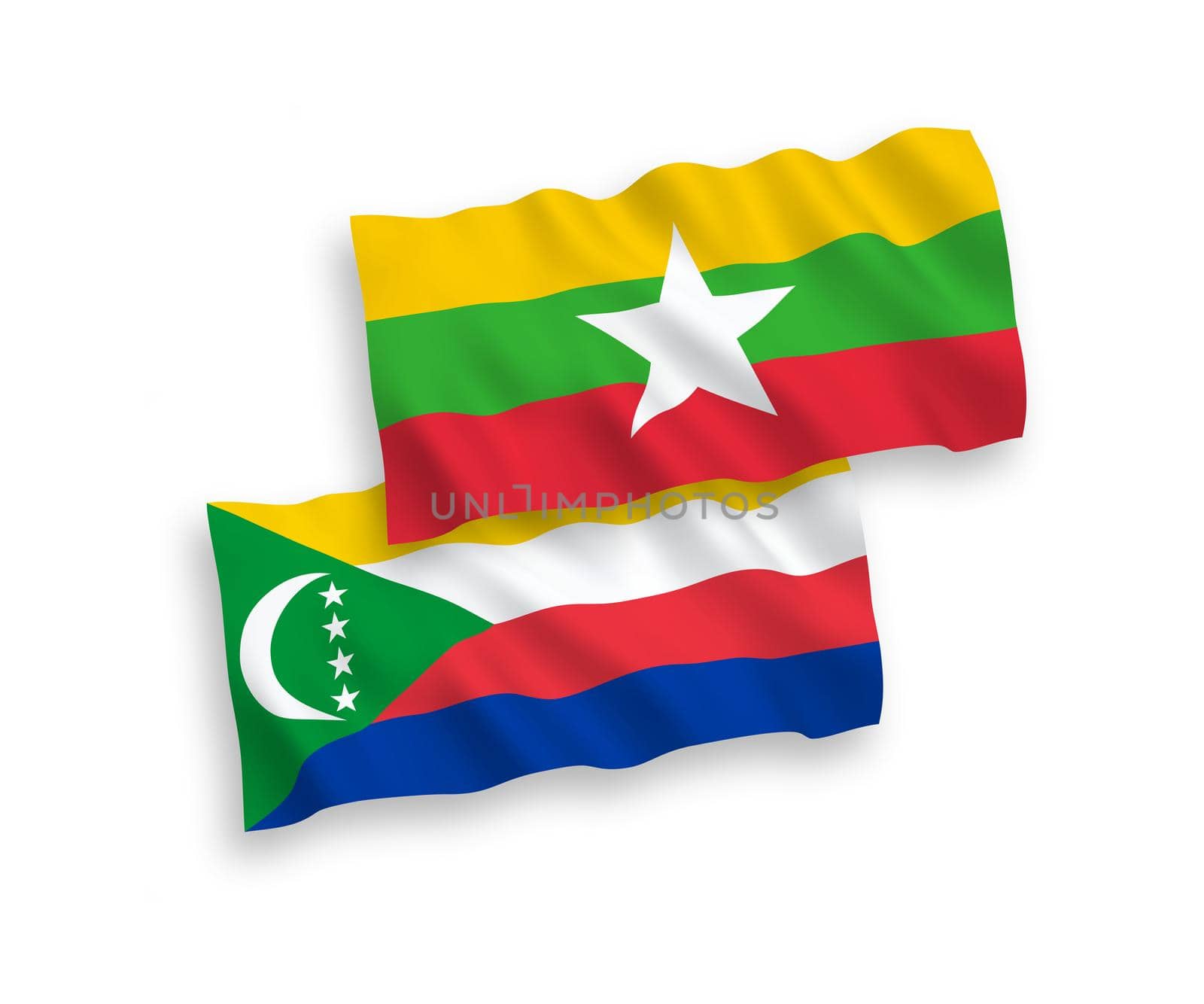 National fabric wave flags of Union of the Comoros and Myanmar isolated on white background. 1 to 2 proportion.