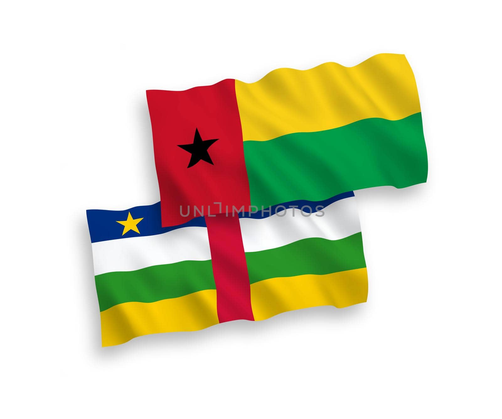 National fabric wave flags of Central African Republic and Republic of Guinea Bissau isolated on white background. 1 to 2 proportion.