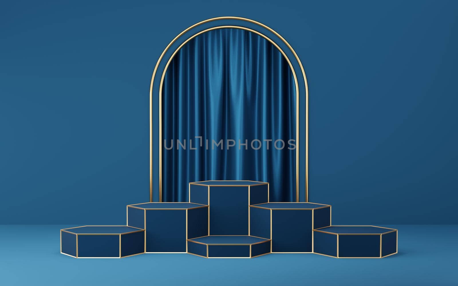 6 Empty blue cylinder podium with gold border on blue arch and curtain background. Abstract minimal studio 3d geometric shape object. Mockup space for display of product design. 3d rendering. by media-ja