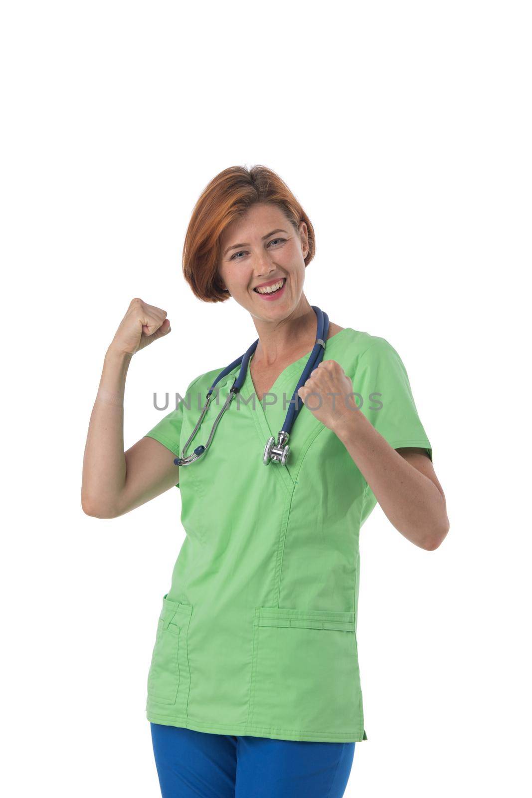Nurse isolated on white. Female medical professional doctor standing holding fisis