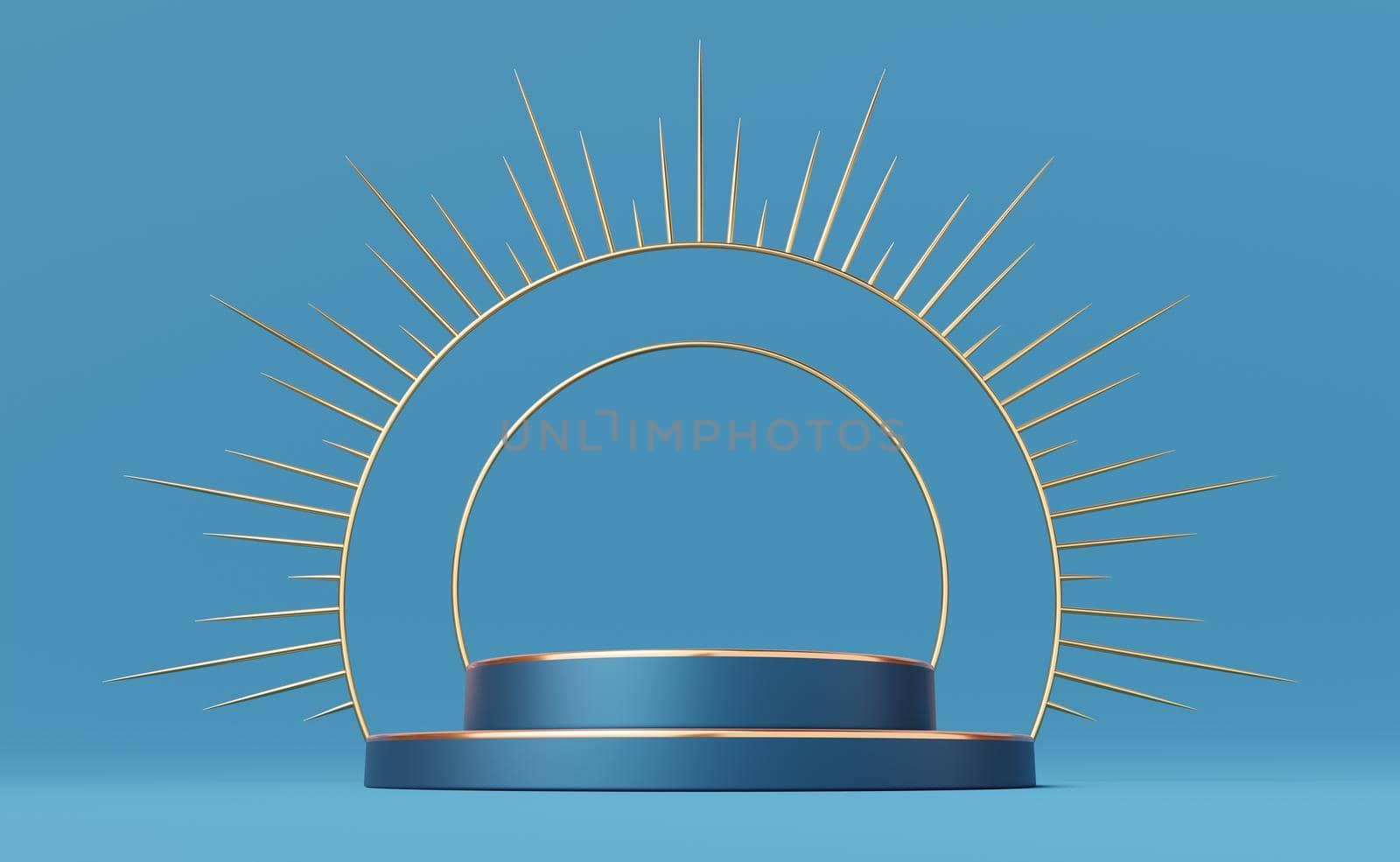 Empty blue cylinder podium with gold border and spiked halo circle on blue background. Abstract minimal studio 3d geometric shape object. Pedestal mockup space for luxury display. 3d rendering. by media-ja