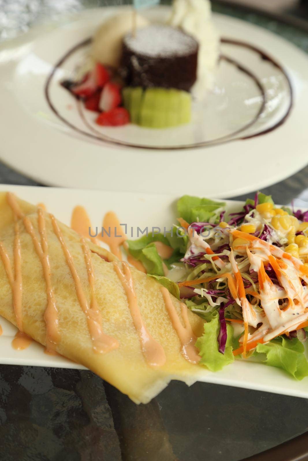 Crepe Cake with Chocolate Lava Cake in cafe