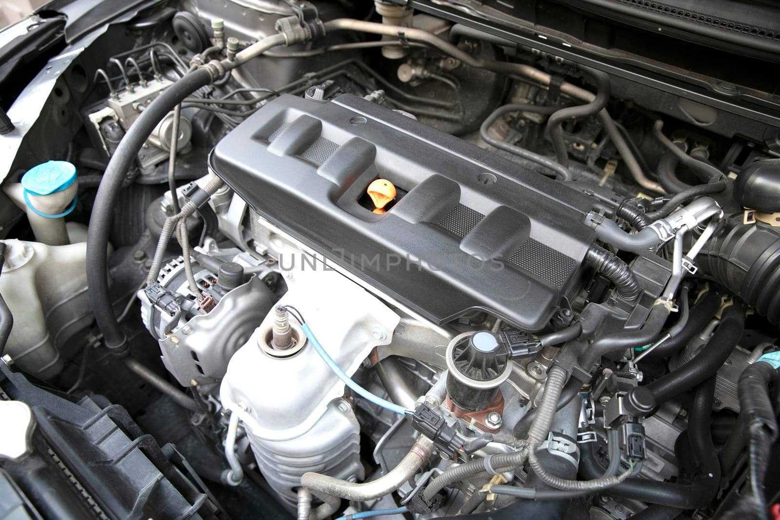 Close up image of car engine.