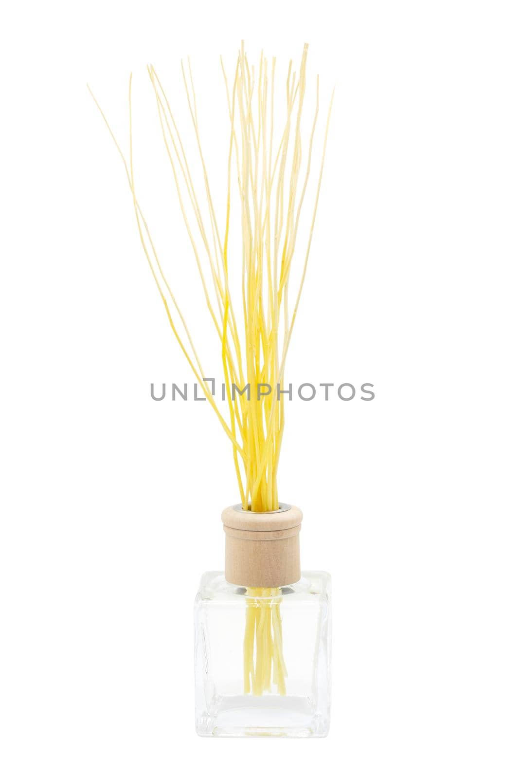 Air refresher with sticks in bottle isolated on white background