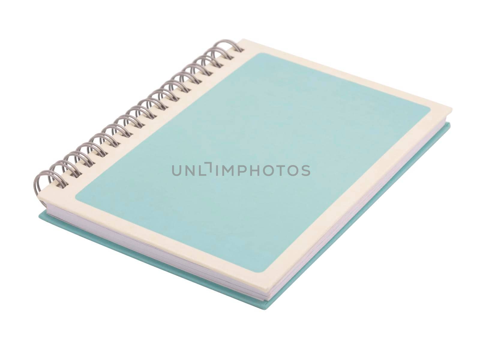 Light blue spiral notebook with white frame on cover page isolated on white background