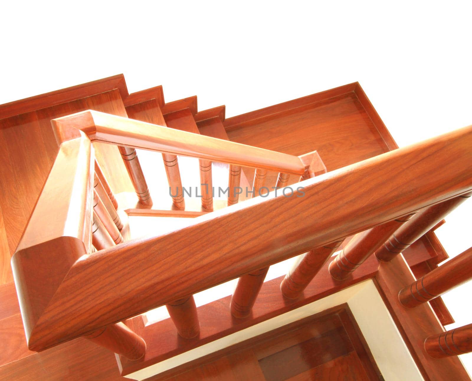 Wooden stairs and handrail isolated on white background