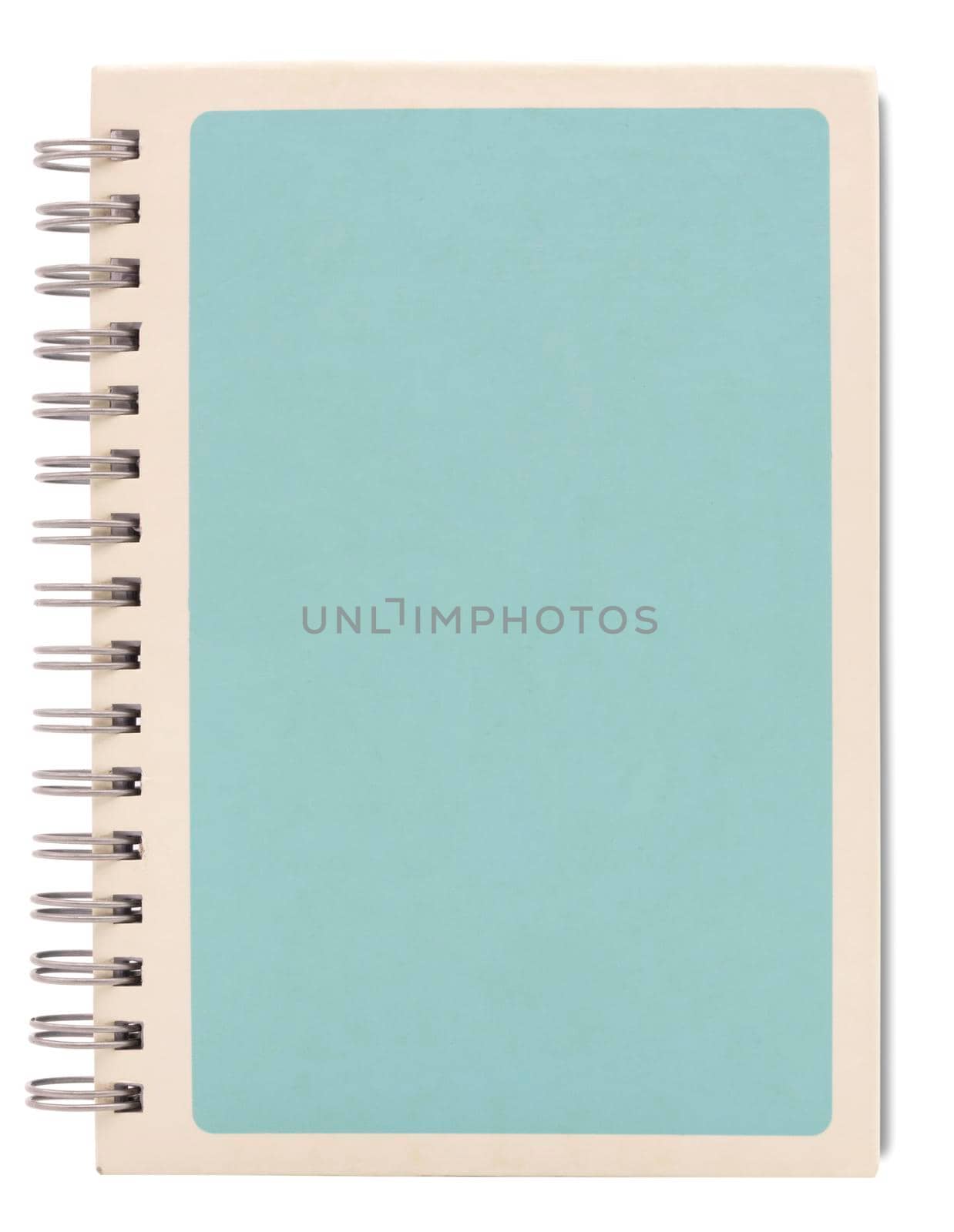 Light blue spiral notebook with white frame on cover page isolated on white background