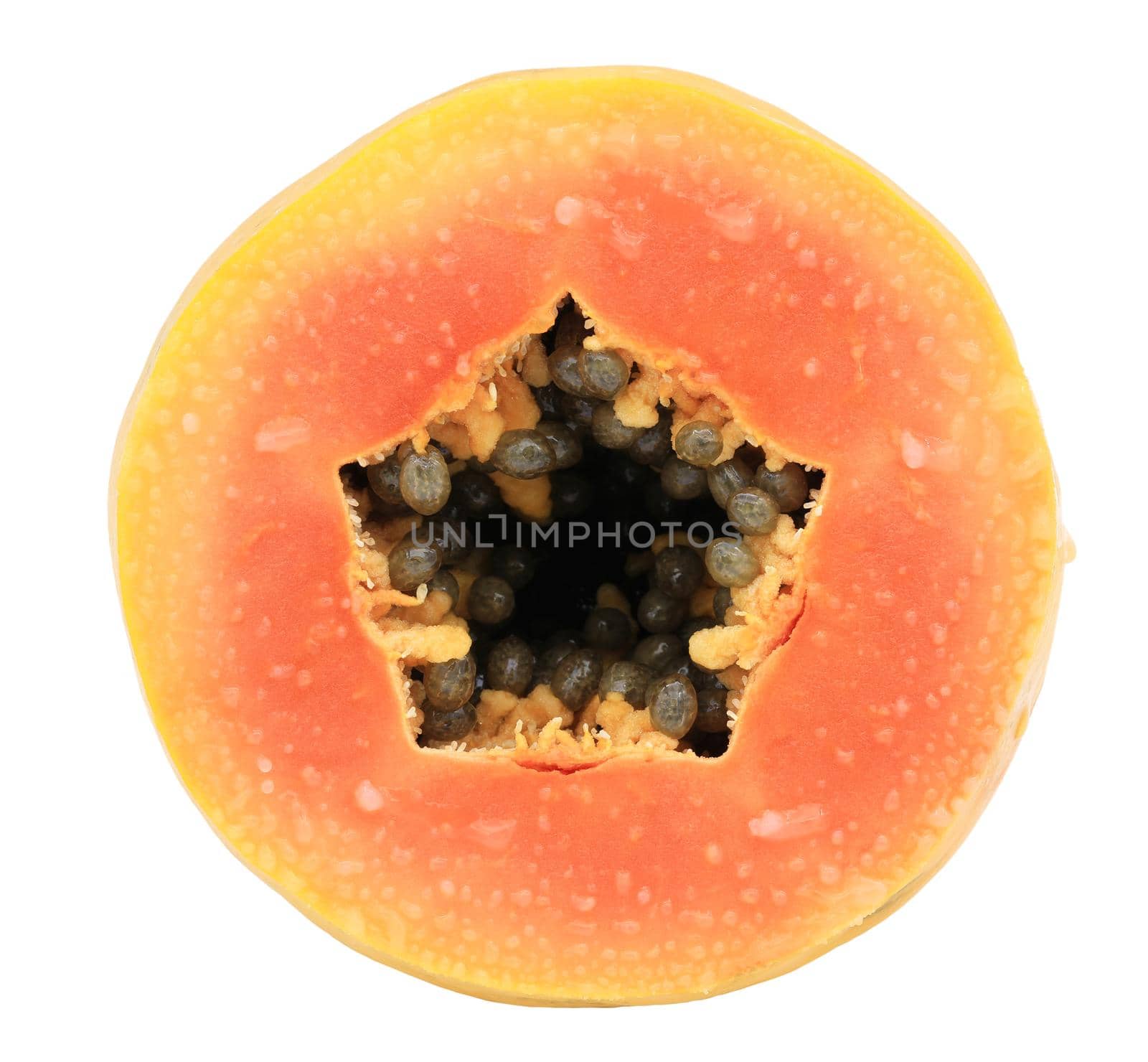 Half of ripe papaya fruit with  rubber isolated on white background