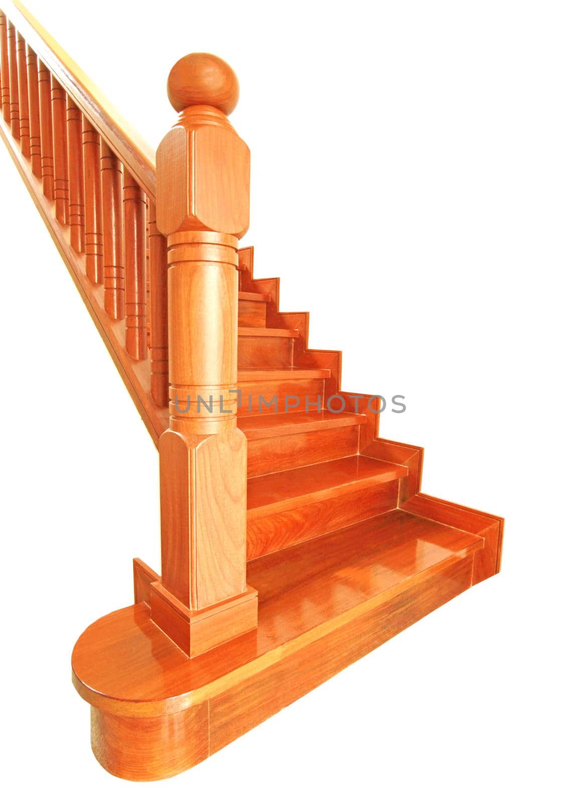 Wooden stairs and handrail isolated on white background