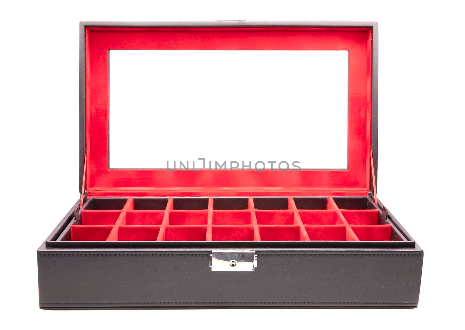 Opened leather box with red velvet interior