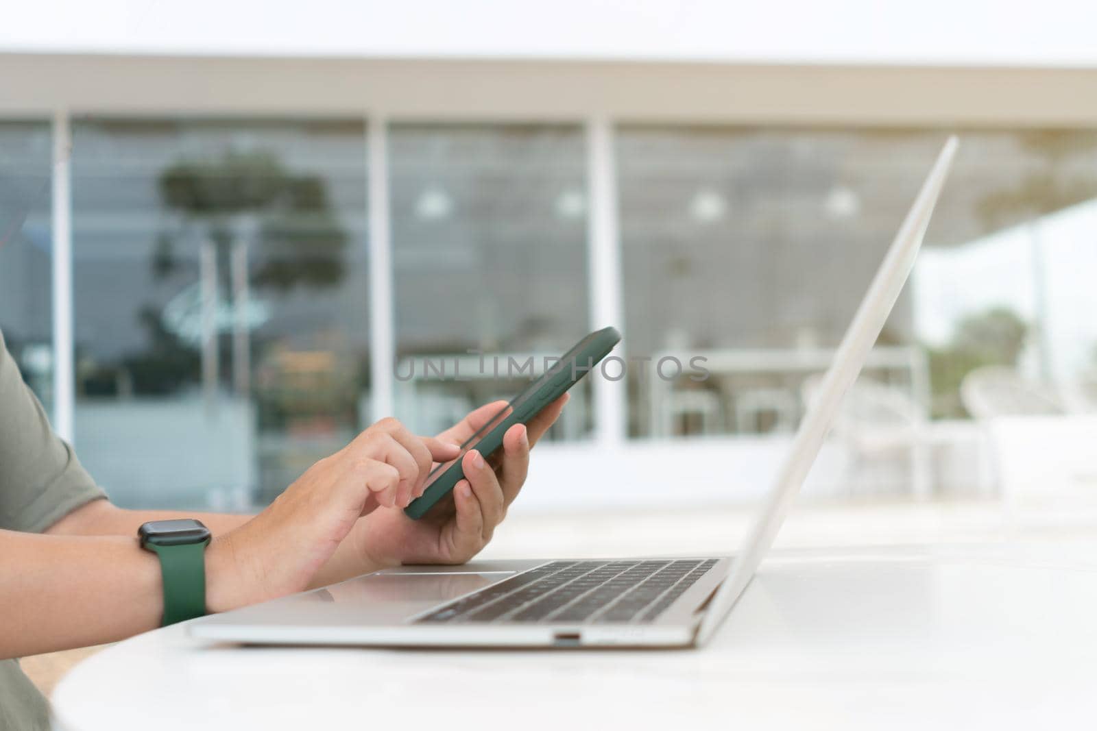 Woman hand using smartphone to do work business, social network, communication concept.