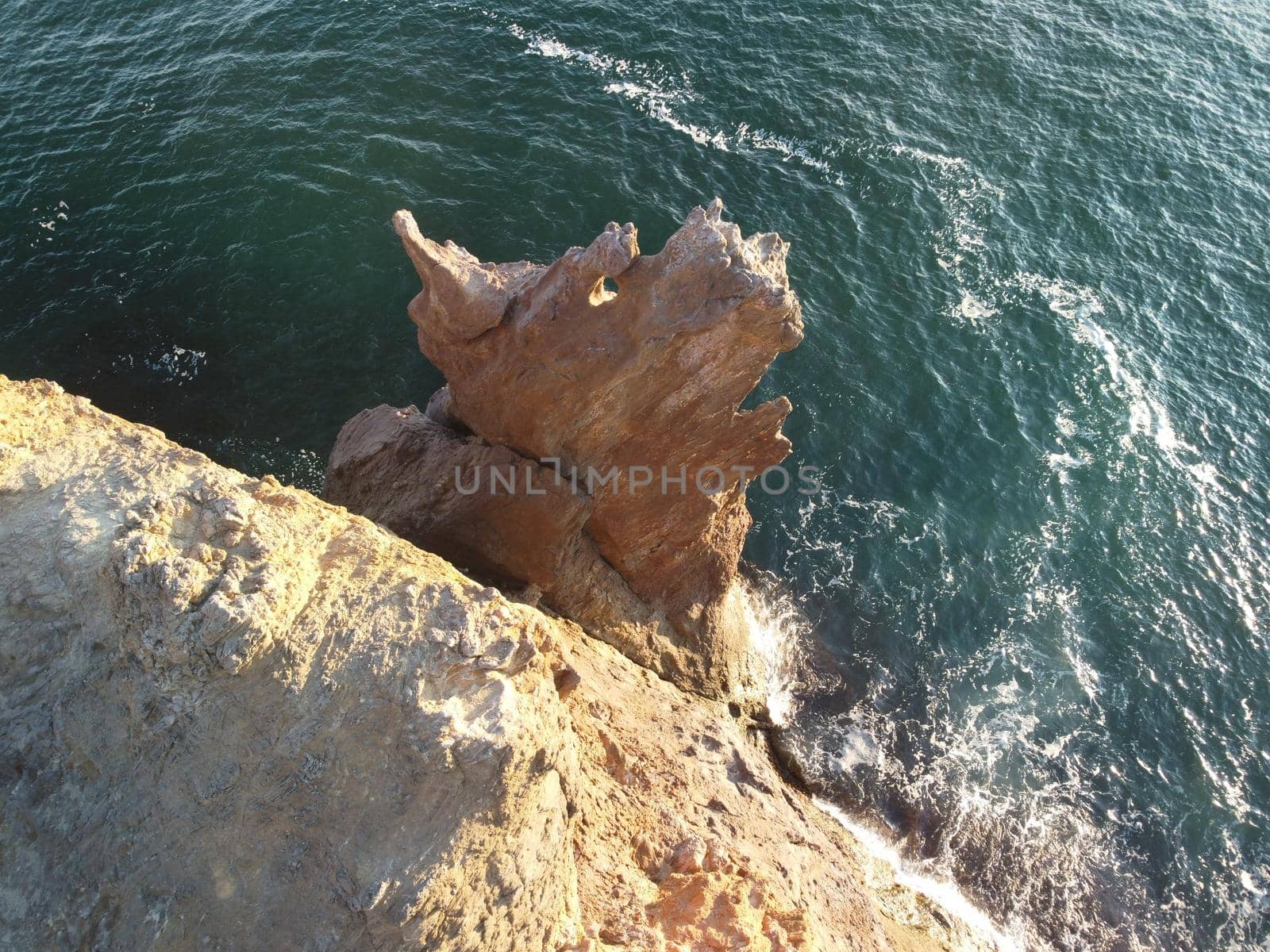The rock or lava formation with the shape of a large animal or dragon head arise from the water. Popular travel destination volcanic rock formation in the shape of a dragon's head. Crimea, Fiolent