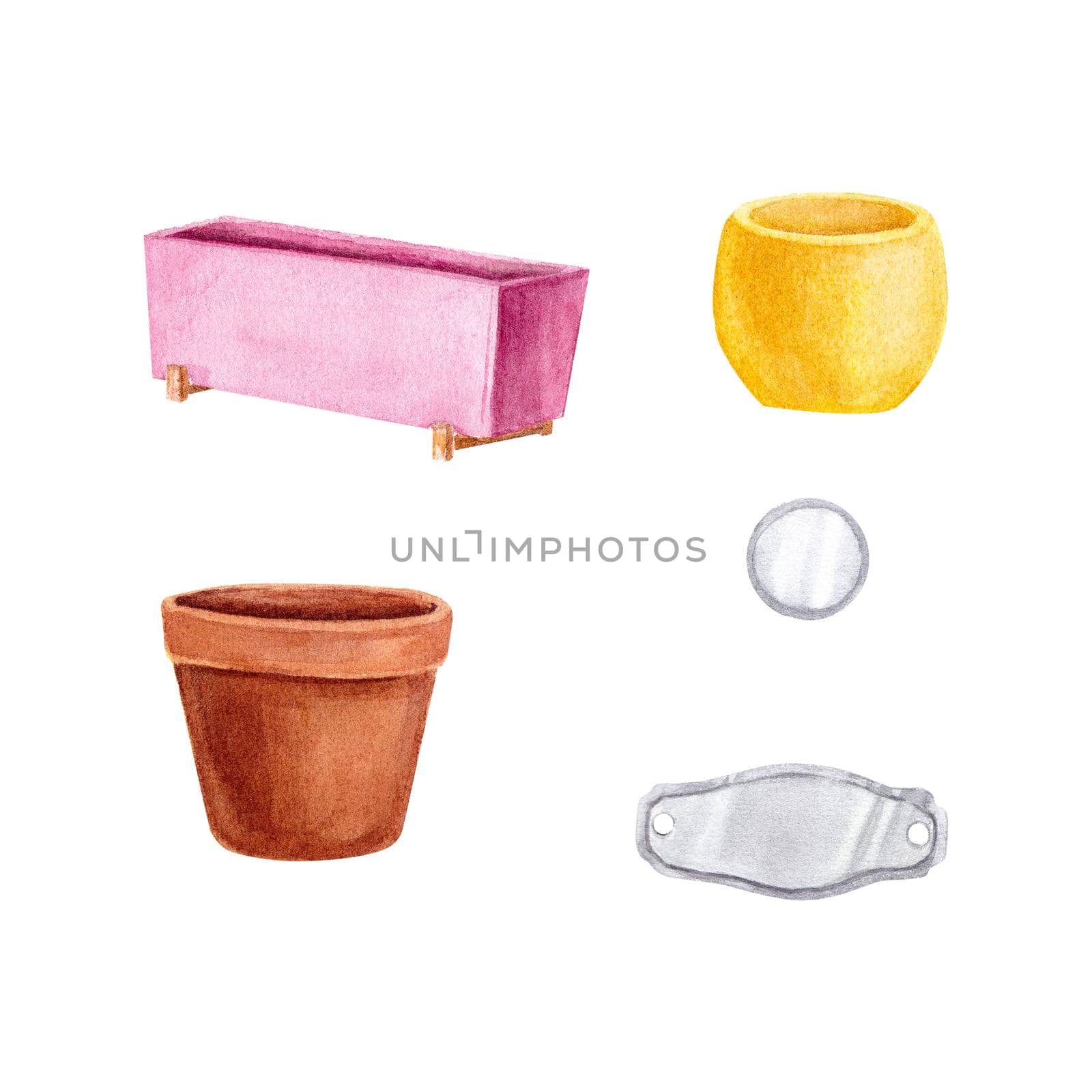 Flower pot on a white background. Watercolor illustration. Pink rectangular pot on a wooden stand. A garden item. The decorative pot is ideal for printing, posters, postcard and scrapbooking design
