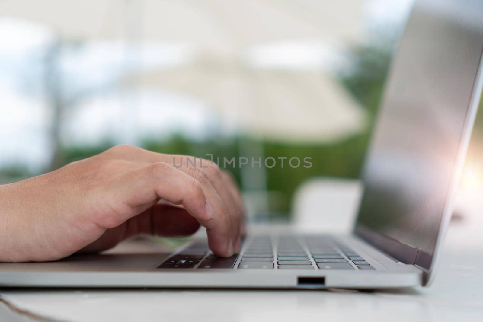 People using laptop to work study on work desk. Business, financial, trade stock maket and social network. by Suwant