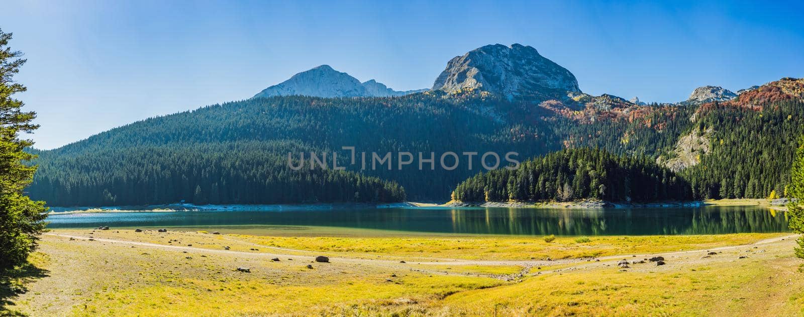 Panoramic morning view of Black Lake Crno Jezero. Calm summer scene of Durmitor Nacionalni Park, Zabljak location, Montenegro, Europe. Beauty of nature concept background by galitskaya