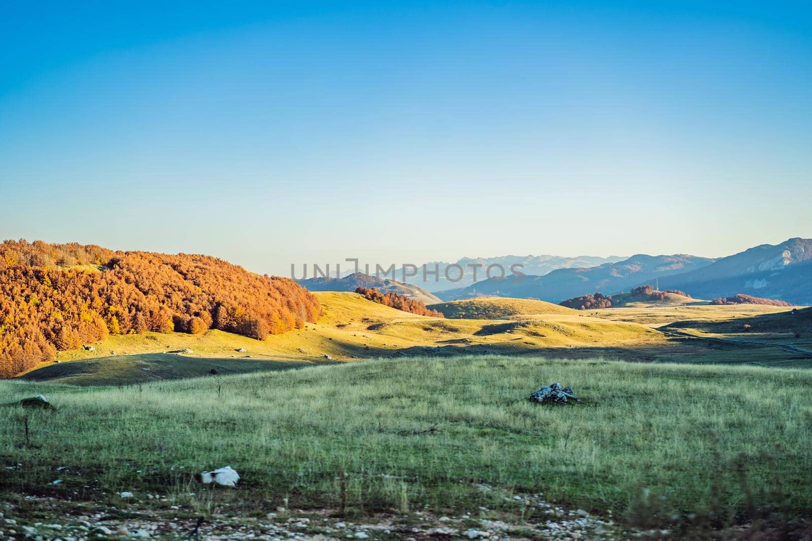 Panoramic view of idyllic mountain scenery with traditional chalets. Zabljak, Durmitor, Montenegro. Travel around Montenegro concept.