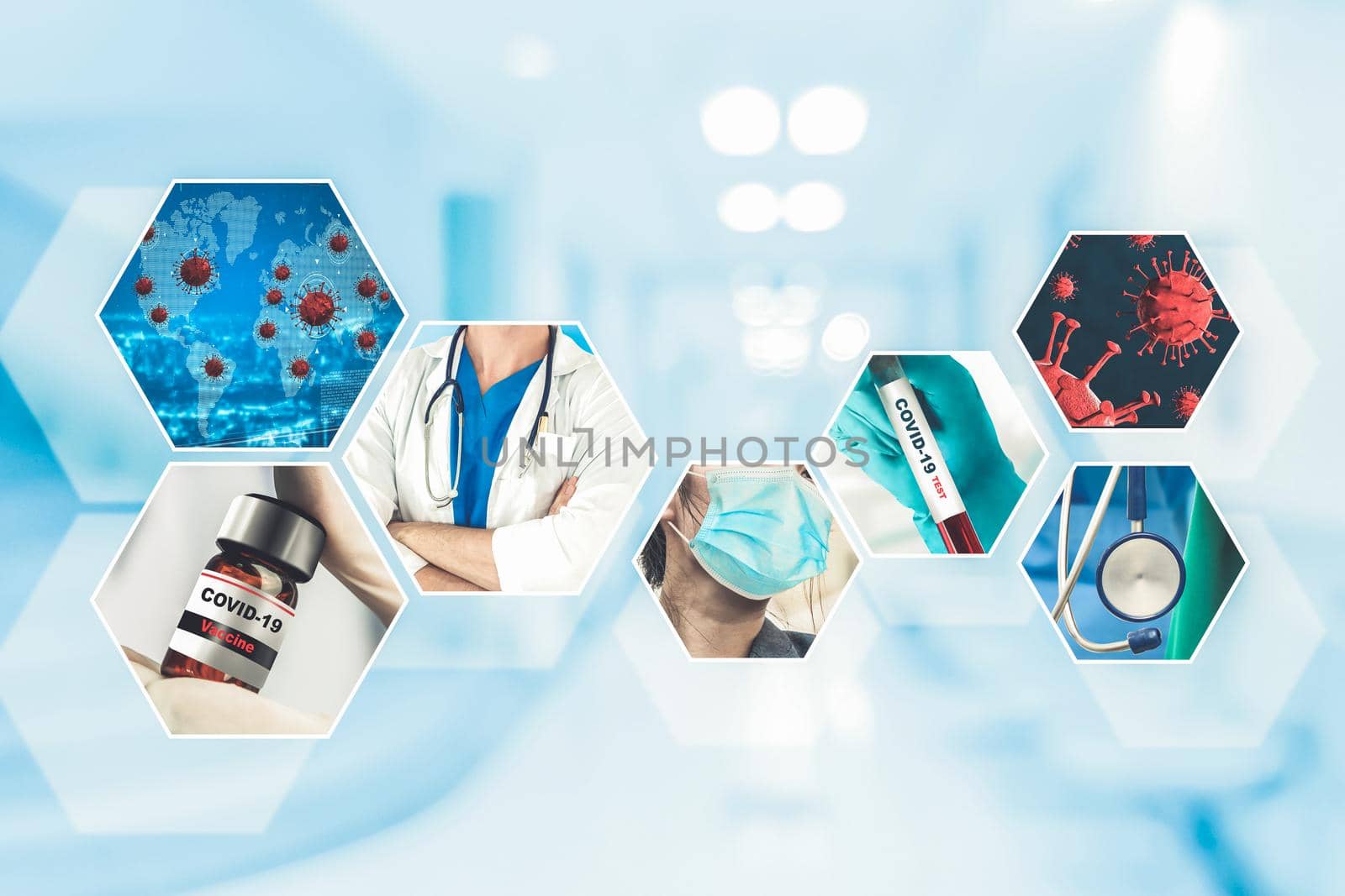 Coronavirus COVID-19 photo set banner in concept of medical treatment including medicine, vaccine and doctor service to prevent, treat and cure covid-19 or 2019 Coronavirus Disease.