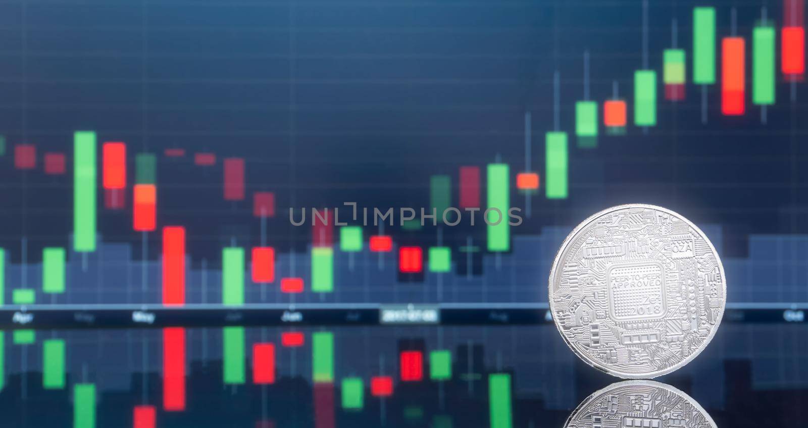 Initial coin offering (ICO) and digital money investing concept - Physical metal digital coins with blue global trading exchange market price chart in the background.