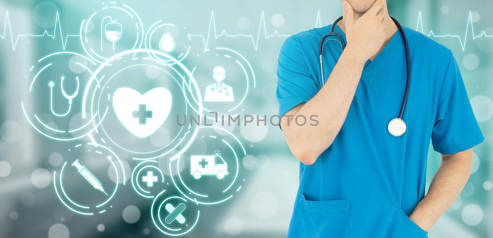 Doctor with Medical Healthcare Graphic in Hospital by biancoblue
