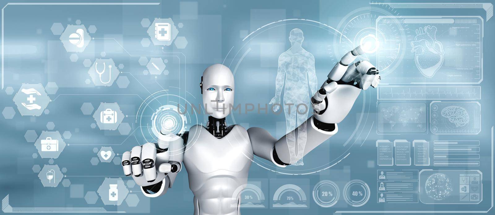 Future medical technology controlled by AI robot using machine learning and artificial intelligence to analyze people health and give advice on health care treatment decision . 3D illustration .