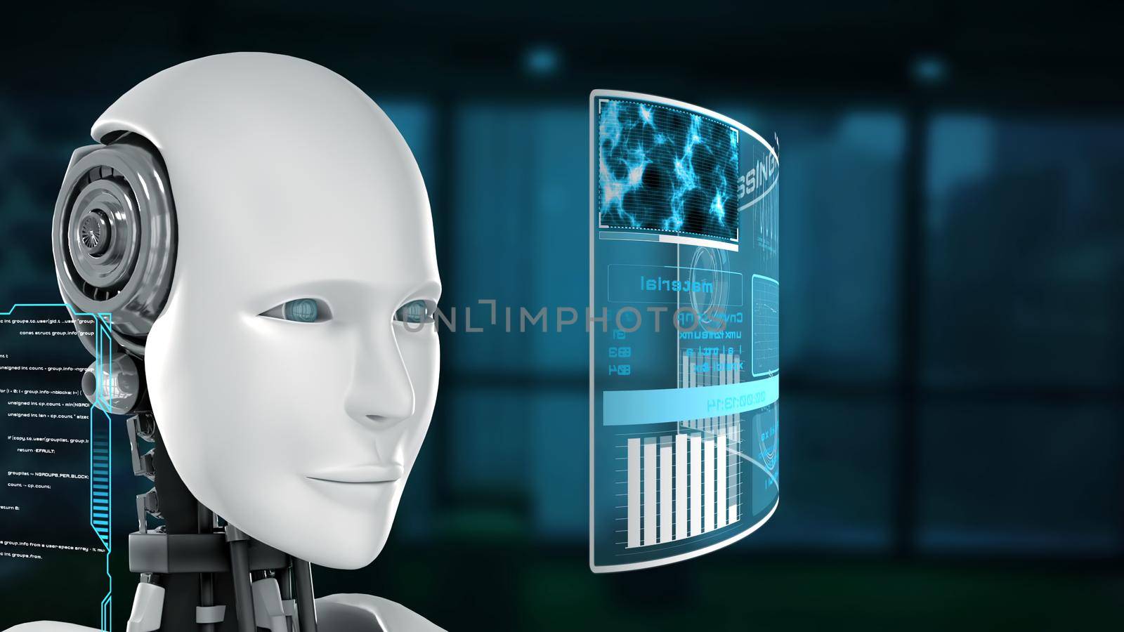 Futuristic robot, artificial intelligence CGI big data analytics and programming . Robotic man 3D render animation . 3D illustration .