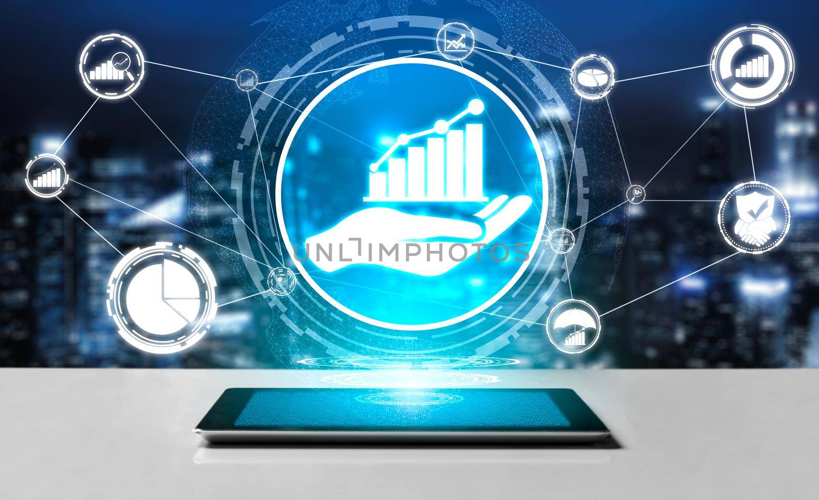 Data Analysis for Business and Finance Concept. Graphic interface showing future computer technology of profit analytic, online marketing research and information report for digital business strategy.