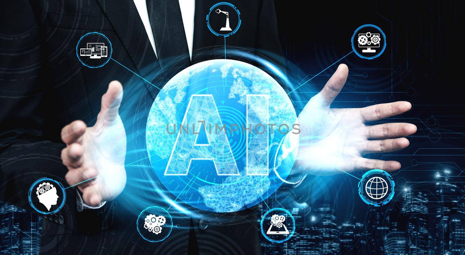 AI Learning and Artificial Intelligence Concept - Icon Graphic Interface showing computer, machine thinking and AI Artificial Intelligence of Digital Robotic Devices.