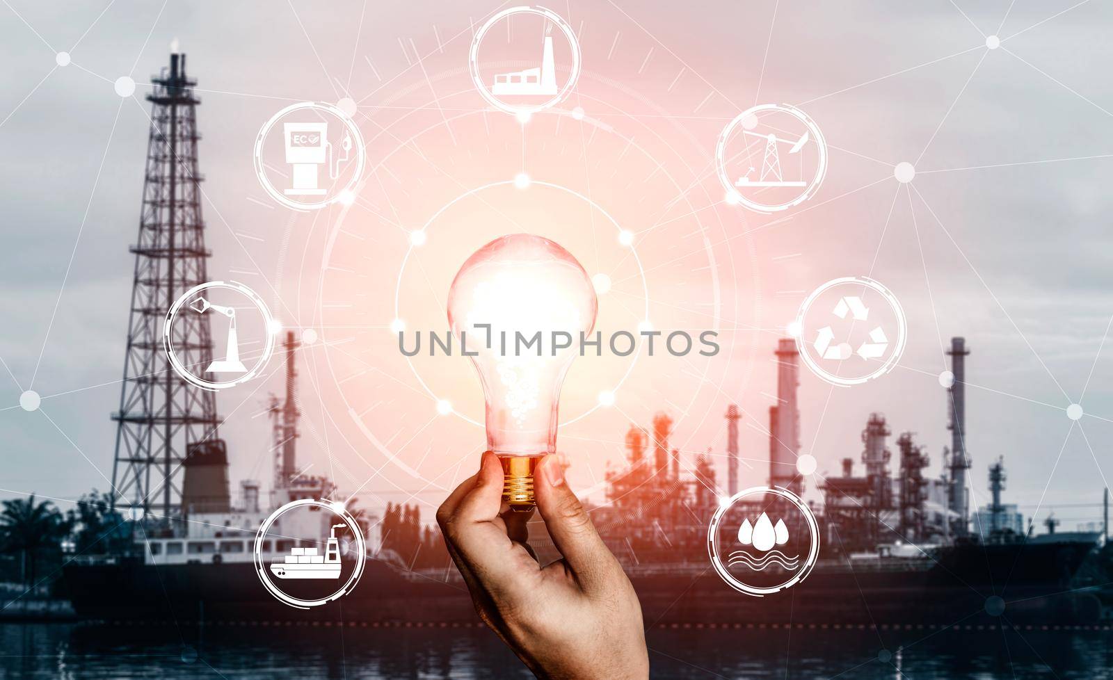 Green energy innovation light bulb with future industry of power generation icon graphic interface. Concept of sustainability development by alternative energy.