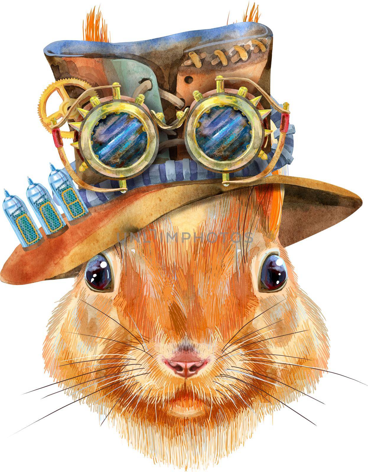 Watercolor portrait of a squirrel in steampunk hat with googles on a white background. Cute forest animal for your design