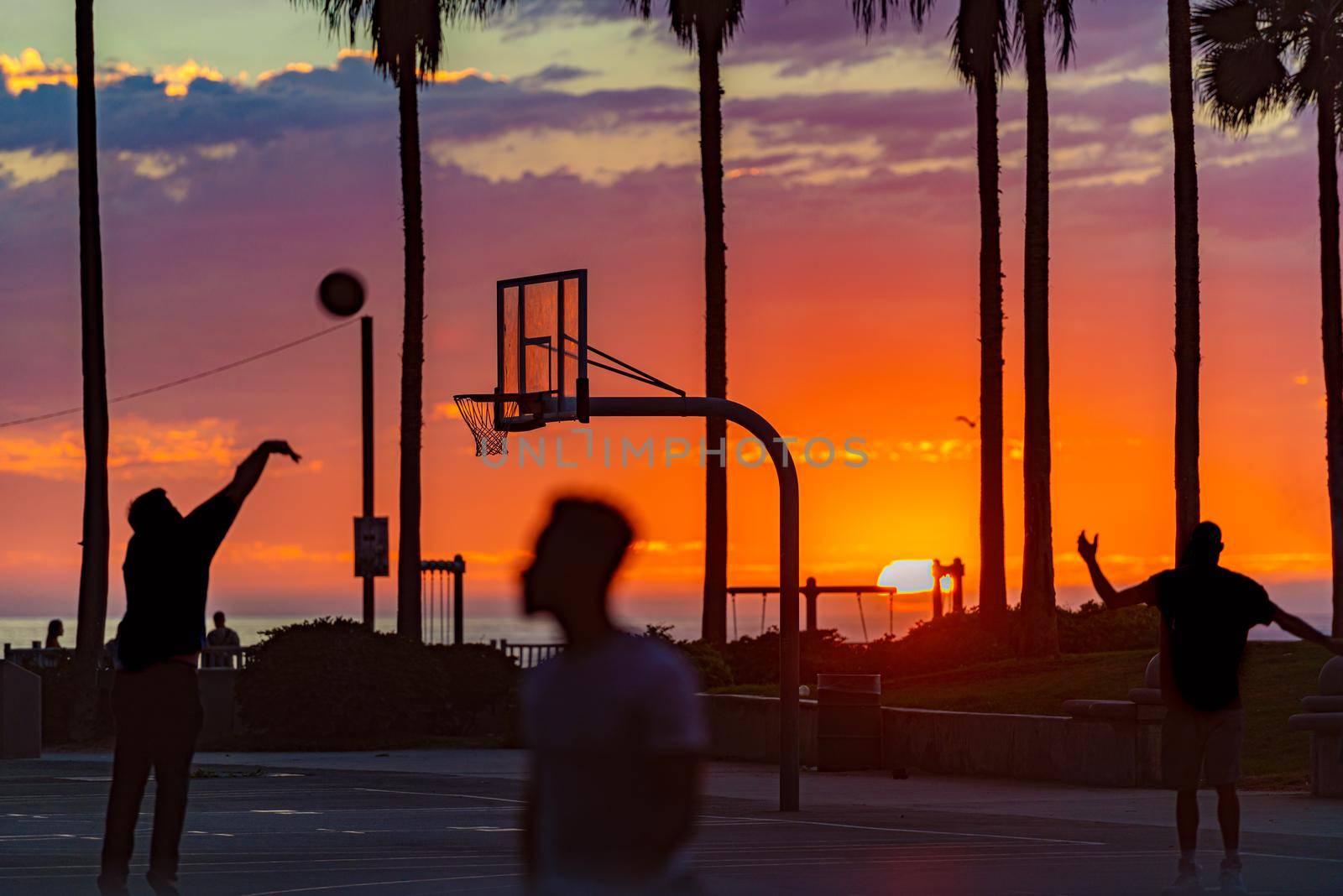 People playing basketball at sunset beach in Santa Monica, California, United States of America. Sun and clouds and palms in background.